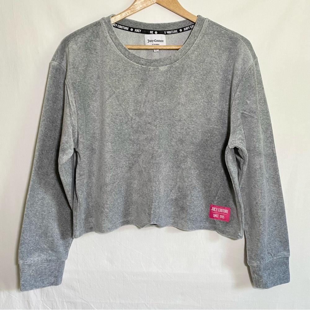 Juicy Couture | Gray Velour/Velvet Crop Sweatshirt Top Long Sleeve Cotton Poly